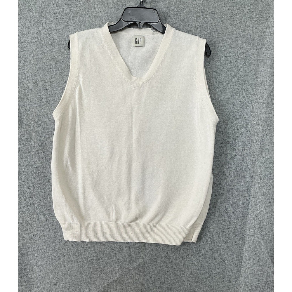 Gap Mens V Neck Sweater Vest Cream Cotton Linen Ramie Blend Size M Vintage